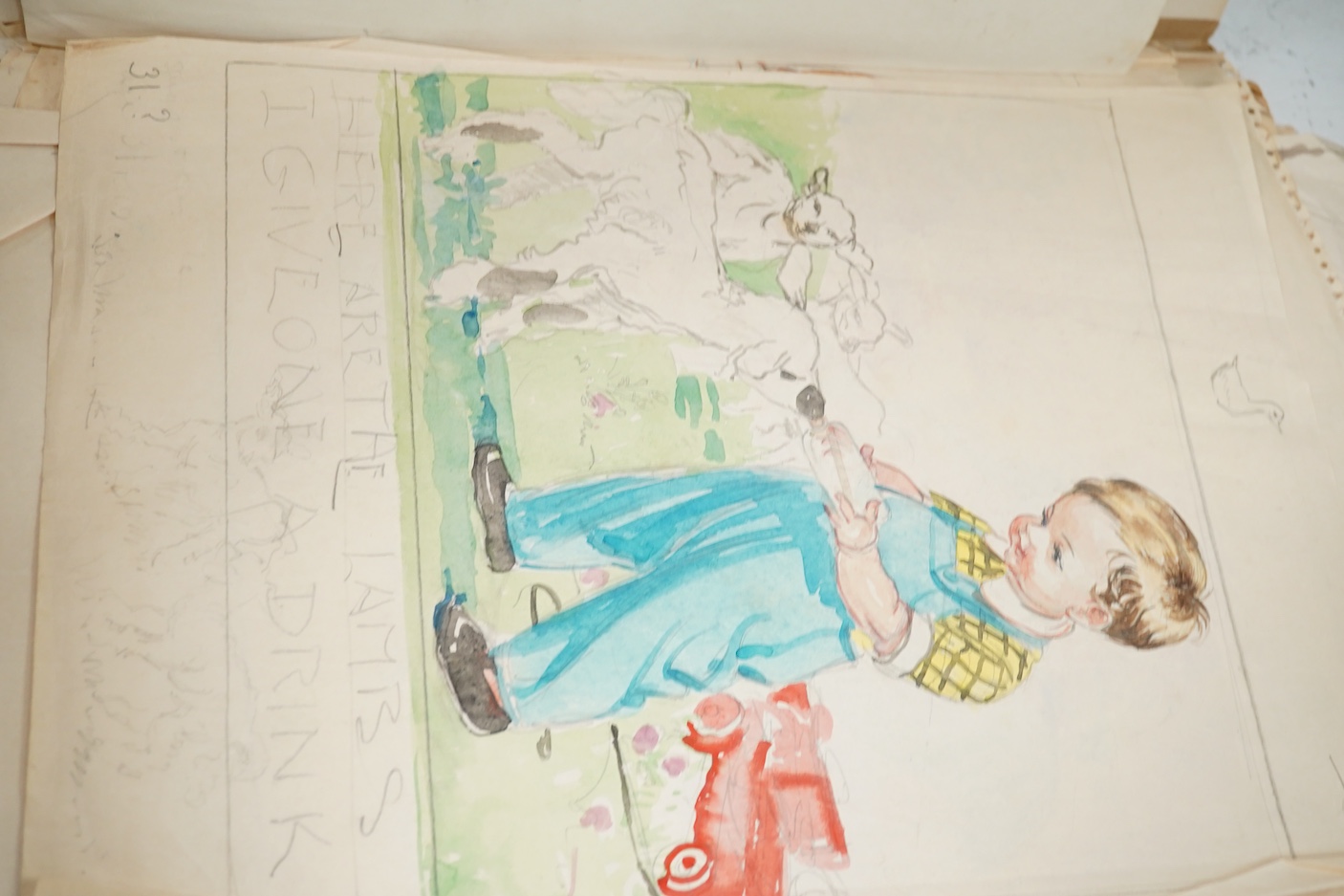 Eileen Brooks (20th. C), folio of works to include ink, pencil and watercolour sketches, Humorous children and figures, unframed